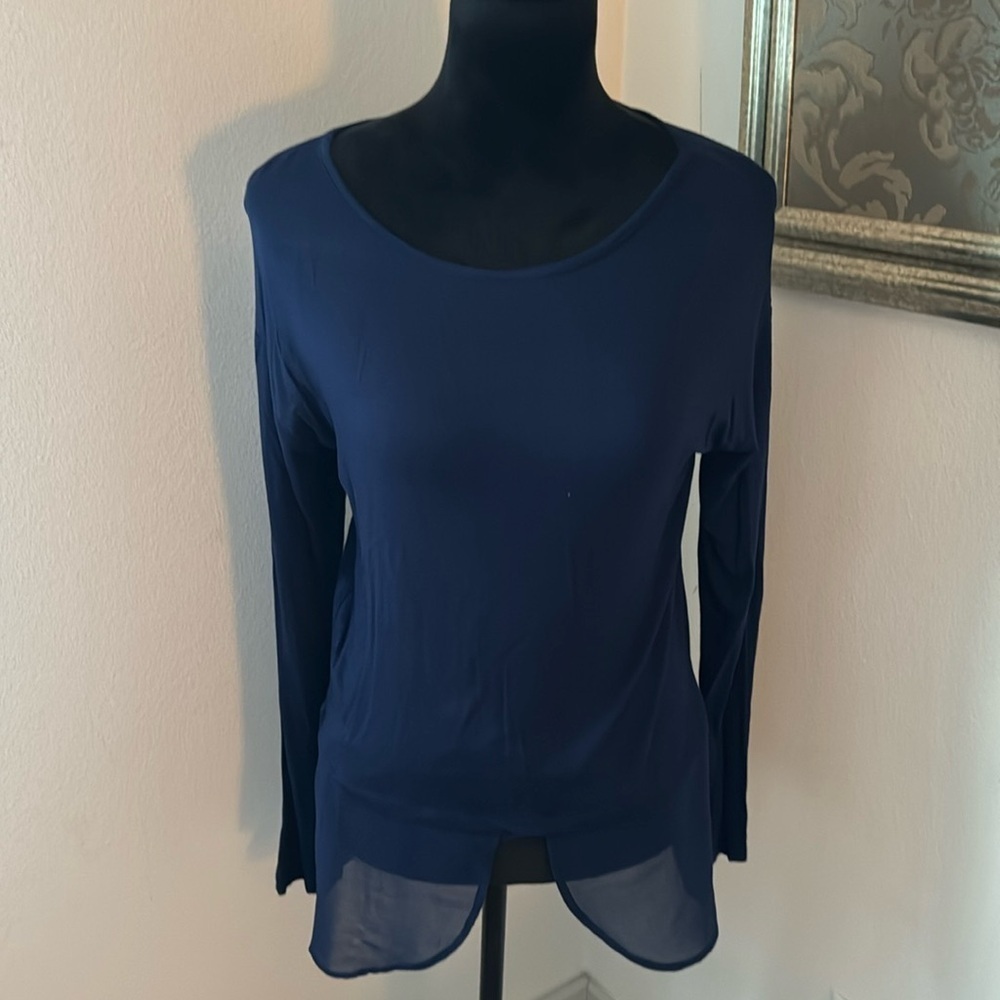 Neiman Marcus Sz S navy blue mix media pull over long sleeves jersey‎ knit top
